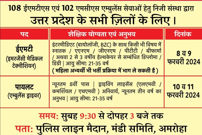 ईएमटी व पायलट के पदों पर भर्ती